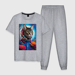 Пижама хлопковая мужская Кот модник - нейросеть, цвет: меланж