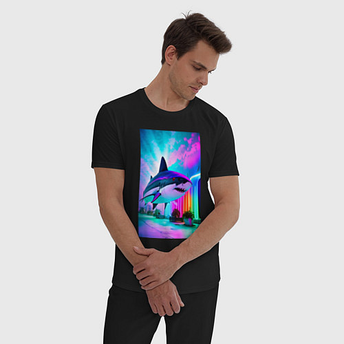 Мужская пижама Неоновая акула - нейросеть / Черный – фото 3