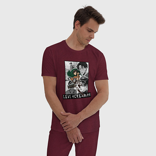 Мужская пижама Леви на фоне манги / Меланж-бордовый – фото 3