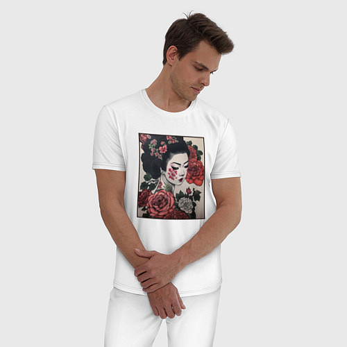 Мужская пижама Irezumi - гейша в розах / Белый – фото 3