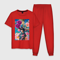 Пижама хлопковая мужская Японская девушка с птицами - нейросеть, цвет: красный