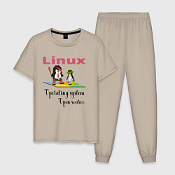 Пижама хлопковая мужская Линукс пингвин система, цвет: миндальный