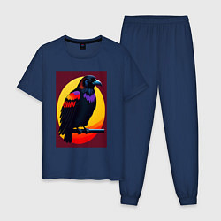 Пижама хлопковая мужская Ворон на ветке иллюстрация, цвет: тёмно-синий