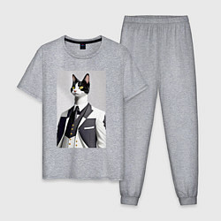 Пижама хлопковая мужская Чёрно-белый кот в модном костюме, цвет: меланж