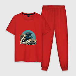 Пижама хлопковая мужская Годзилла в Большой волне у Канагавы, цвет: красный
