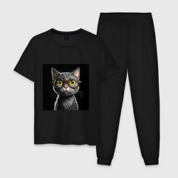 Пижама хлопковая мужская Желтоглазый котик в очках, цвет: черный