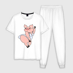 Пижама хлопковая мужская Танцующая свинка, цвет: белый