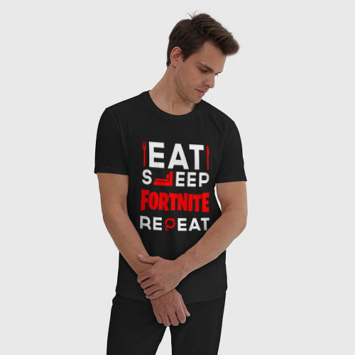 Мужская пижама Надпись eat sleep Fortnite repeat / Черный – фото 3