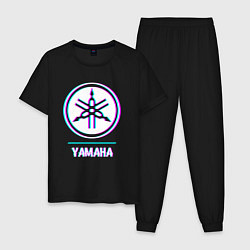 Пижама хлопковая мужская Значок Yamaha в стиле glitch, цвет: черный