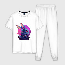 Пижама хлопковая мужская Антропоморфный заяц в свете неона, цвет: белый