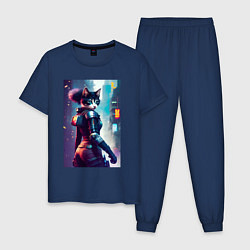 Пижама хлопковая мужская Крутая кисуля - киберпанк, цвет: тёмно-синий