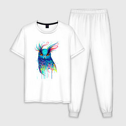 Пижама хлопковая мужская Филин акварель, цвет: белый