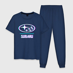 Пижама хлопковая мужская Значок Subaru в стиле glitch, цвет: тёмно-синий