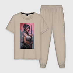 Пижама хлопковая мужская Девушка с катаной, цвет: миндальный