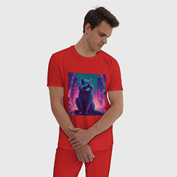 Пижама хлопковая мужская Енот в лучах неонового города, цвет: красный — фото 2