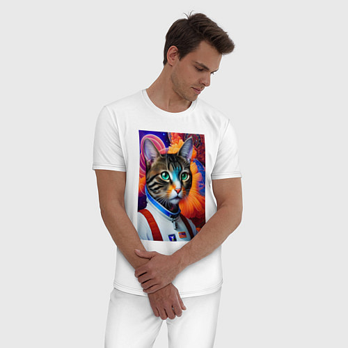 Мужская пижама Кот в комбинезоне - нейросеть / Белый – фото 3