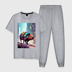 Пижама хлопковая мужская Капибара в мегаполисе - киберпанк, цвет: меланж