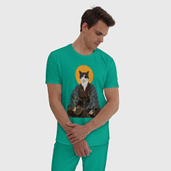 Пижама хлопковая мужская Samurai one - eyed cat, цвет: зеленый — фото 2