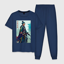 Пижама хлопковая мужская Онна-бугэйся - девушка-самурай - нейросеть, цвет: тёмно-синий