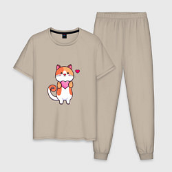 Пижама хлопковая мужская Милый кот с сердцем, цвет: миндальный