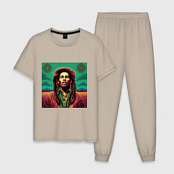 Пижама хлопковая мужская Digital Art Bob Marley in the field, цвет: миндальный