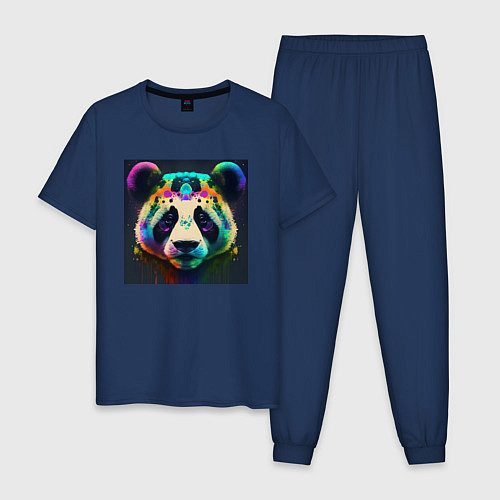 Мужская пижама Красочная панда - нейросеть / Тёмно-синий – фото 1