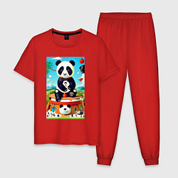 Пижама хлопковая мужская Панда на постаменте - сюрреализм, цвет: красный