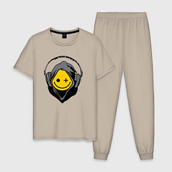 Пижама хлопковая мужская Смайлик в наушниках smiley face in headphones, цвет: миндальный
