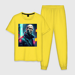 Пижама хлопковая мужская Джейсон Стэтхэм киберпанк - нейросеть, цвет: желтый