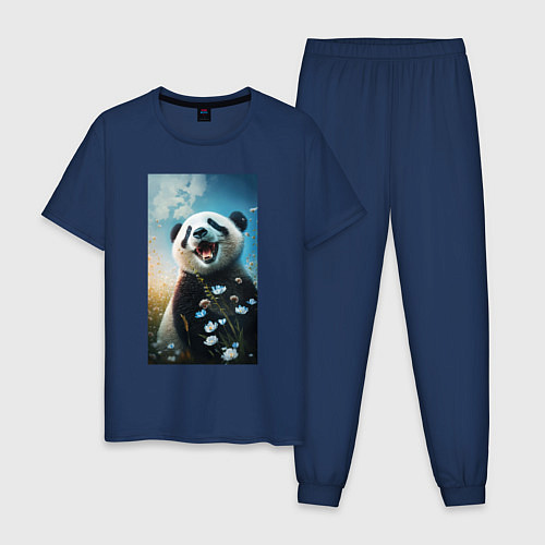 Мужская пижама Панда с цветочками / Тёмно-синий – фото 1