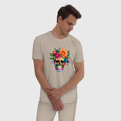 Мужская пижама Череп с цветами в мексиканском стиле / Миндальный – фото 3