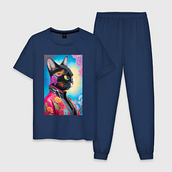 Пижама хлопковая мужская Кисуля в модной куртке - нейросеть, цвет: тёмно-синий