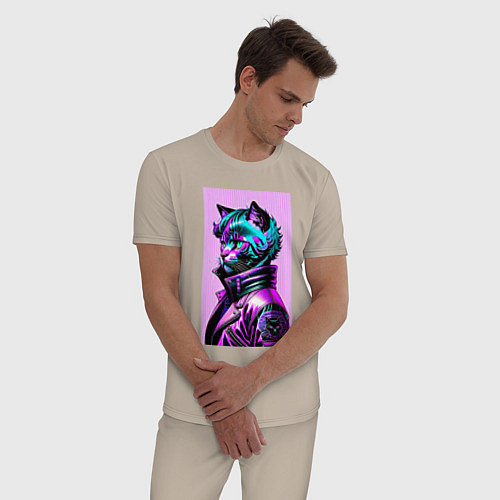 Мужская пижама Прикольный фиолетовый котейка - нейросеть / Миндальный – фото 3