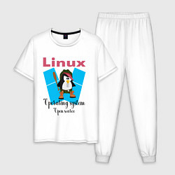 Пижама хлопковая мужская Пингвин линукс в шляпе, цвет: белый