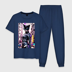 Пижама хлопковая мужская Cool black cat - neural network - fashionista, цвет: тёмно-синий