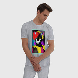 Пижама хлопковая мужская Lady cat - pop art - neural network, цвет: меланж — фото 2