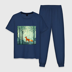 Пижама хлопковая мужская Рыжая лисичка в лесу, цвет: тёмно-синий
