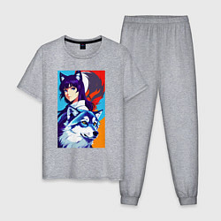 Пижама хлопковая мужская Девочка-волчонок и волк - аниме - нейросеть, цвет: меланж