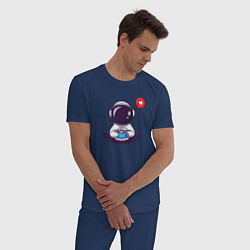 Пижама хлопковая мужская Космонавт, кофе и сердечко, цвет: тёмно-синий — фото 2