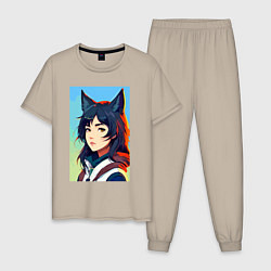 Пижама хлопковая мужская Девочка-волчонок - нейросеть - аниме, цвет: миндальный