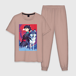Пижама хлопковая мужская Девочка со своим другом волком - аниме, цвет: пыльно-розовый