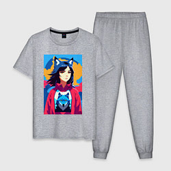 Пижама хлопковая мужская Девочка-волчонок - фурри - аниме, цвет: меланж