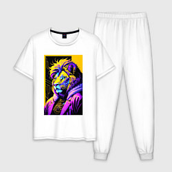 Пижама хлопковая мужская Могучий лев - поп-арт - нейросеть, цвет: белый