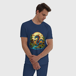 Пижама хлопковая мужская Синий дракон у реки, цвет: тёмно-синий — фото 2