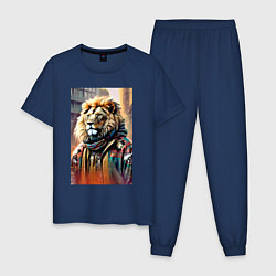 Пижама хлопковая мужская Лев в драной куртке - хиппи, цвет: тёмно-синий