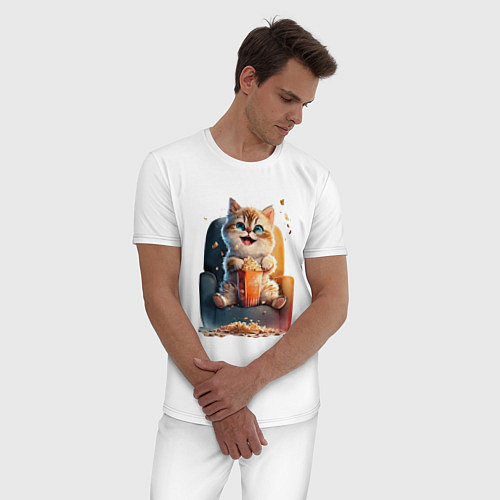 Мужская пижама Веселый котик с попкорном / Белый – фото 3