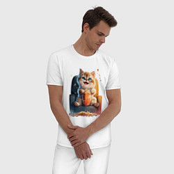 Пижама хлопковая мужская Веселый котик с попкорном, цвет: белый — фото 2