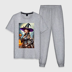 Пижама хлопковая мужская Обворожительная ведьма с тыквой, цвет: меланж