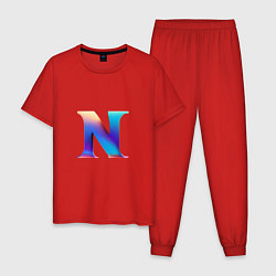 Пижама хлопковая мужская Буква N градиент - нейросеть, цвет: красный