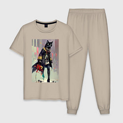 Пижама хлопковая мужская Чёрная кисуля - городская модница - живопись, цвет: миндальный